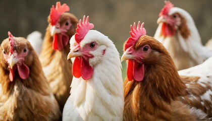 Fototapeta premium Group of chickens with bright red combs standing together in close-up