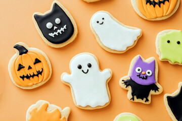 Halloween cookies in shapes of ghost, pumpkin, cat and owl decorated with colorful icing on an orange background
