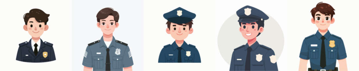 Collection of cartoon male police officer avatars in diverse uniforms, symbolizing law enforcement, security, and dedicated public service. Representing community protection and civic duty
