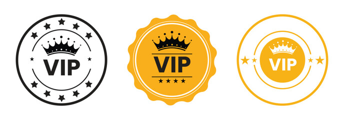 Vip club label, badge or tag. Vip club icons with crown and stars. Round label with three vip level in gold, silver and bronze color. Premium membership icon. Modern vector illustration