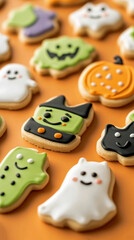 Halloween cookies in the shapes of ghosts, pumpkins, cats, and witches decorated with colorful icing on orange background