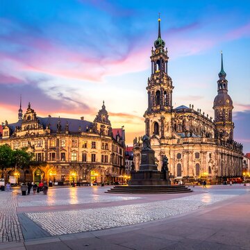 Majestic cathedral and buildings in a historic European city square