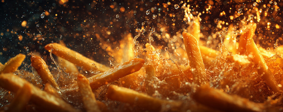 The sight of crispy fries plunging dramatically into hot oil creates a mesmerizing cinematic spectacle. The fiery glow and slow-motion action captured within the deep fryer evoke a sense of excitement