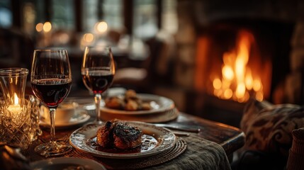 Cozy Dinner, Red Wine, Fireplace - Romantic Evening Scene