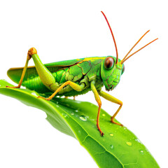 Green grasshopper with red antennae resting on leaf with water droplets isolated on white background