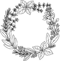 Fototapeta premium Herb wreath outline. Hand-drawn vector of assorted botanical herbs in circle shape. 
