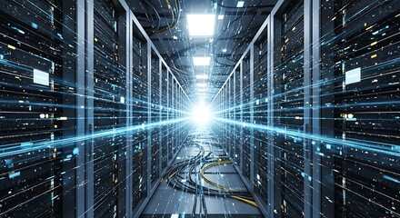 Modern Data Center Server Room with Rows of Rack Servers and Network Cables