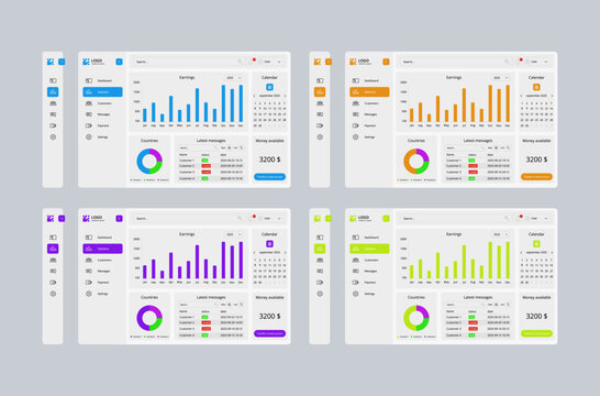 Modern Dashboard Templates for Web and Mobile Applications. User interface design featuring various UI elements such as charts, graphs, sidebar navigation, cards, statistics. Perfect for admin panels.