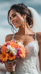 Naklejka premium Bride smiles while holding a colorful bouquet under a blue sky during a wedding ceremony in a beautiful outdoor setting