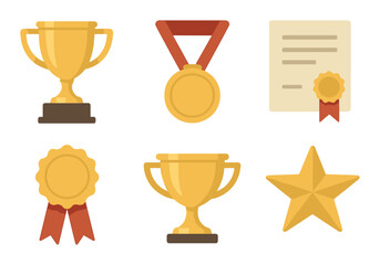 Golden awards set: trophy, medal, certificate, ribbon, star icons
