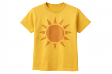 Yellow t-shirt featuring graphic sun design, symbolizing summer, warmth, and positivity, on transparent background