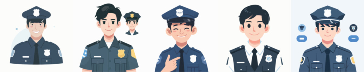 Approachable cartoon police officer avatars. Diverse illustrations of law enforcement professionals embodying protection, security, and community service in a modern, friendly design