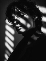 Creative monochrome portrait of a woman with light and shadow stripes across her face. Elegant and emotional minimalist composition.
