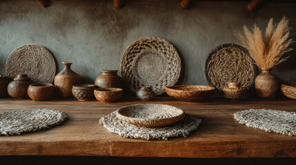 Rustic wooden table adorned with woven baskets, clay pots, and dried pampas grass, creating warm, earthy ambiance. handcrafted items showcase traditional craftsmanship