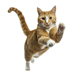 Orange tabby cat in mid-air, playfully reaching out on white background
