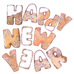 Watercolor illustration of Happy New Year made from gingerbread cookies with white icing, sweet festive dessert alphabet for Christmas cards, bakery design, and holiday decor, isolated background