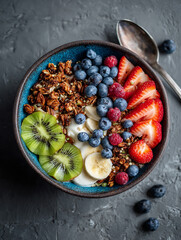 Bright smoothie bowl filled with kiwi, strawberries, blueberries, and granola. A healthy and delicious breakfast concept full of color and vitality.
