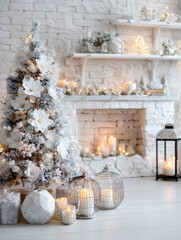 Beautifully decorated white Christmas tree with large flowers stands in cozy living room adorned with candles and gifts, creating serene holiday atmosphere
