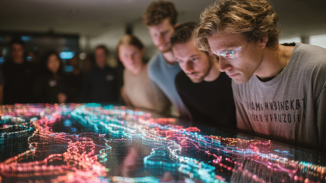 Group of people intently examines large, illuminated digital map displaying vibrant, colorful data points. scene suggests focus on technology, teamwork, and data analysis in modern setting