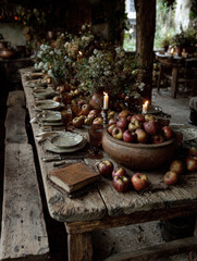 Fototapeta premium Rustic wooden table is adorned with apples, candles, and vintage tableware, creating cozy, inviting atmosphere. setting is enhanced by wildflowers and books, evoking sense of nostalgia and warmth