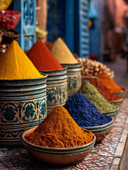 Vivid piles of colorful spices and powders in traditional Moroccan market bowls. A celebration of culture, scent, and vibrant street life.
