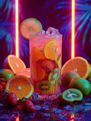 Vibrant cocktail with citrus slices, neon lighting and ice cubes. Tropical party drink in colorful bar atmosphere, perfect for summer nightlife.
