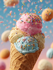 Stack of bright ice cream scoops topped with colorful sprinkles and candies. Fun and cheerful composition celebrating sweetness and childhood joy.
