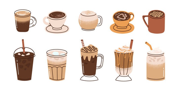 Collection of coffee beverages, featuring variety of hot and iced drinks. Flat cartoon style vector illustration isolated on white background
