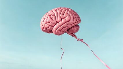 A pink brain model floats like a balloon in a clear blue sky, held by flowing pink ribbons, symbolizing free thought.