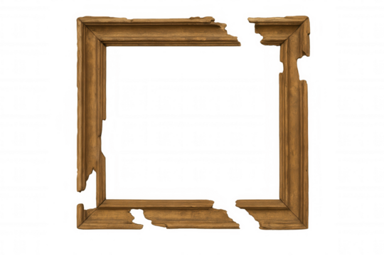Broken wooden picture frame piece with missing sections, showing deterioration and decay, on transparent background
