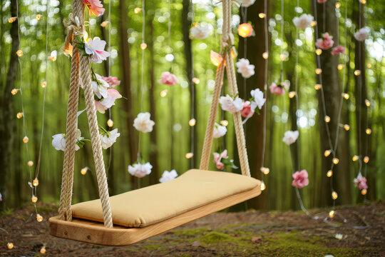 A swing in a magical atmosphere, can also serve as a stylish display podium for showcasing products, blending nature with elegance