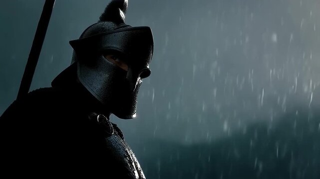Silhouette of a Spartan warrior standing strong in a soft rain at dusk, showcasing resilience and bravery against nature;s elements