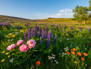 A vivid and colorful spring scene with green, purple, and pink meadow flowers, showcasing a creative and fresh concept