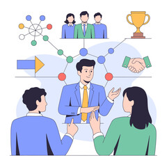 Illustration of business meeting with team members, handshake, and trophy isolated on white background teamwork, collaboration, and success concept