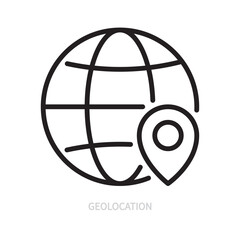 Geolocation world line icon. Location, navigation, destination, gps symbol. Isolated on a white background. Editable stroke. Flat design. Vector illustration.