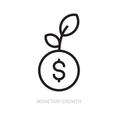 Fototapeta premium Monetary growth line icon. Business, finance concept. Money, dollar sign, plant symbol. Isolated on a white background. Editable stroke. Flat design. Vector illustration.
