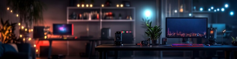 Immersive gaming setup with vibrant keyboard and stunning city skyline on screen creates the perfect atmosphere for streaming and competitive esports