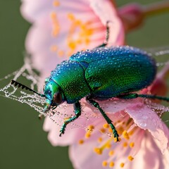 Naklejka premium Detailed Wonder: A Macro Portrait of a Vibrant Insect Nestled Among Exquisitely Textured Floral Elements in Gentle Illumination, Capturing Nature’s Intricate Grace