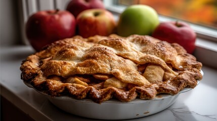 Homemade apple pie with fresh apples in sunny kitchen setting