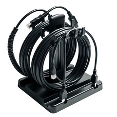 Black cables rolled around a central holder on transparent background