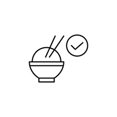 Rice, chopsticks and checkmark. Verified meal, safe delivery, order approved. Asian food takeaway. Pixel perfect, editable stroke vector icon