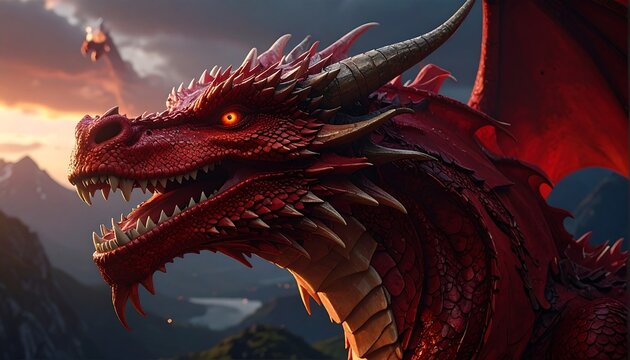 Majestic Red Dragon Roaring in a Fantasy Landscape.