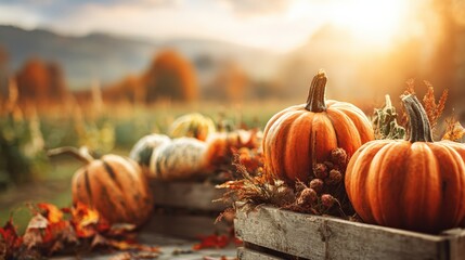 Autumn harvest scene with pumpkins and colorful foliage in a rustic setting