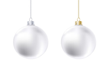 Vector  white Christmas ball isolated on white background. Single clean 3D ball of pure white color hanging on a long chain, realistic New Year ornament.