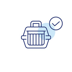 Pet carrier and checkmark, safe animal products, travel and health. Pixel perfect editable stroke vector icon