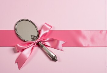 Elegant vintage hand mirror with intricate details and ornate handle adorned with a pink satin ribbon on a soft pastel background representing beauty and femininity.