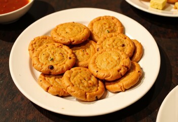 A plate of freshly made crisp and golden-brown traditional snacks, garnished and ready to serve, perfect for a delightful culinary experience