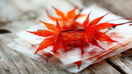 Vibrant red maple leaves on wooden surface capturing autumn aesthetic