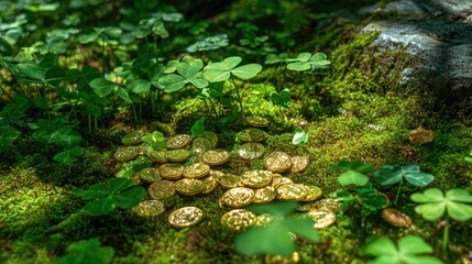 Golden coins surrounded by green moss and clover in a forest setting