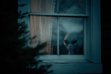 Grey alien head peering from a dark window with an intense look